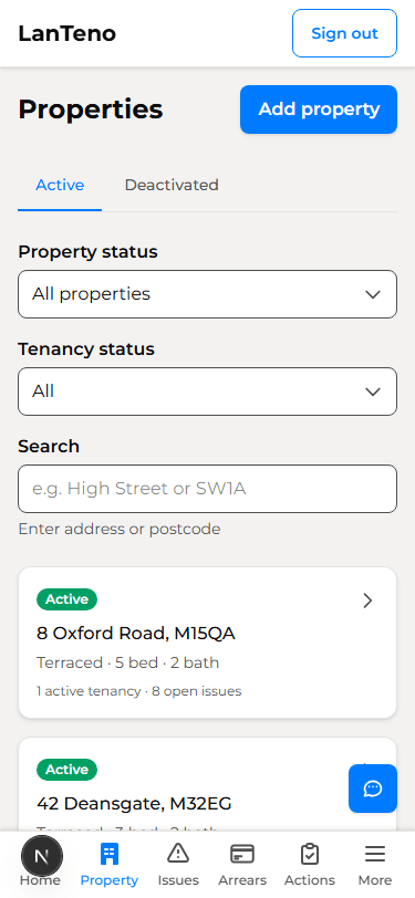 The LanTeno properties list, showing a managed portfolio of active listings.