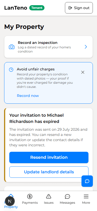 The LanTeno tenant "My Property" page, showing property details and the property manager’s contact information.