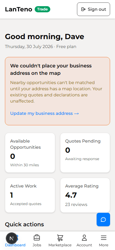 The LanTeno trade dashboard, showing available opportunities, quotes, active work and average rating.
